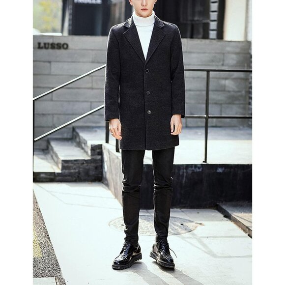 Men's Dark Gray Wool Blend Pea Coat Notched Collar Breasted Winter Trench Coat - Picture 7 of 7